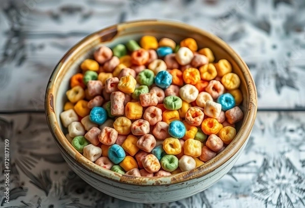 Fototapeta A rustic ceramic bowl filled with colorful breakfast cereal,  macro,  yummy