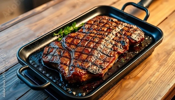 Fototapeta A sizzling steak cooks on a hot griddle, centered on a rustic wooden table, smoke, flat lay