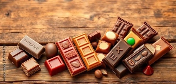 Fototapeta Assortment of mini chocolate bars on rustic wood background, white, craving