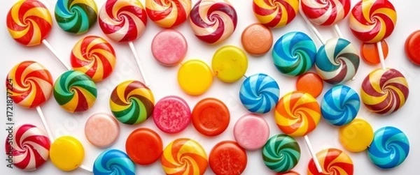 Fototapeta A vibrant assortment of colorful lollipops on a white background,  colorful,  pink