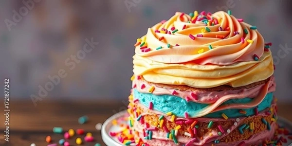 Fototapeta A vibrant multi-layered cake with frosting swirls and colorful sprinkles,  party cake,  bright