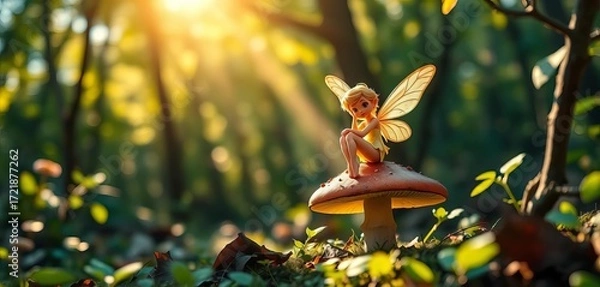 Fototapeta A whimsical fairy with delicate wings, perched on a mushroom in a sun-dappled forest,  painting, fairy