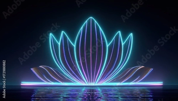Obraz A vibrant, neon-lit lotus flower design, showcasing intricate lines and a dark, reflective pool backdrop.