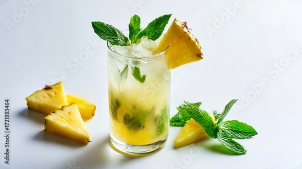 Fototapeta Refreshing pineapple mojito with mint leaves and ice cubes served in tall glass, pineapple mojito decorated with pineapple slices on clean white background, tropical cocktail modern summer style