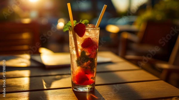 Fototapeta Refreshing strawberry mojito with mint leaves and ice cubes served in tall glass with paper straws, strawberry mojito glowing in sunset light, tropical cocktail summer evening mood