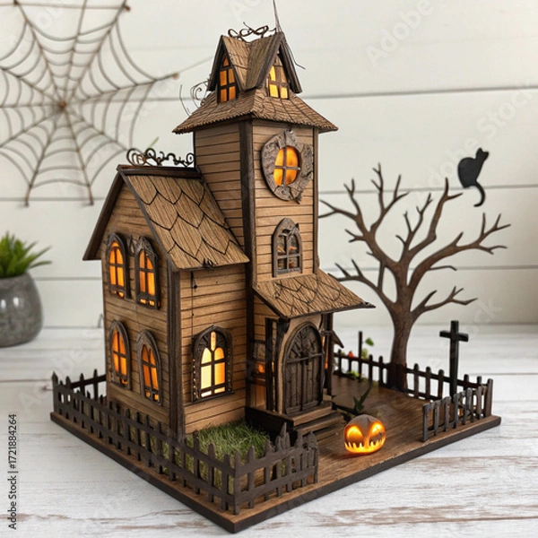 Fototapeta Halloween Haunted House Miniature with Spooky Tree and Glowing Lights, Halloween house scene lamp laser png