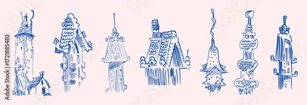 Fototapeta Fantasy Tower Vector Collection Hand-Drawn Fairytale Architecture Set
