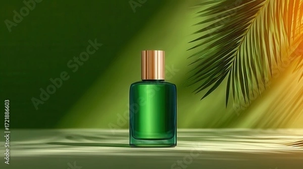 Obraz Green Perfume Bottle With Palm Frond Shadows