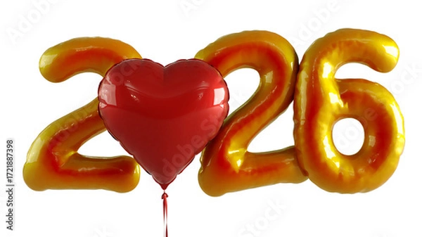 Fototapeta 2026 Happy New Year celebration. Inflated golden balloons forming the number 2026 against a white backdrop,