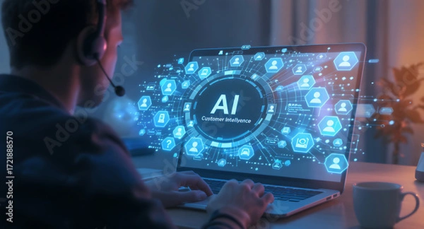 Obraz Person wearing headset works on laptop with glowing ai interface and network connections