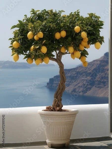 Obraz Lemon Tree in Pot Overlooks Santorini Coast