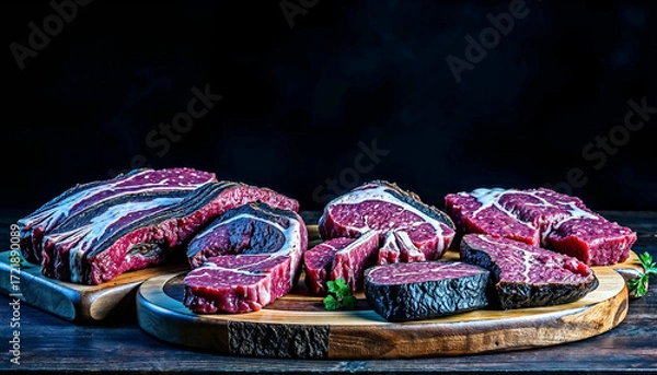 Fototapeta Raw fillet steaks on the table shot against on the dark background, T-Bone Steak