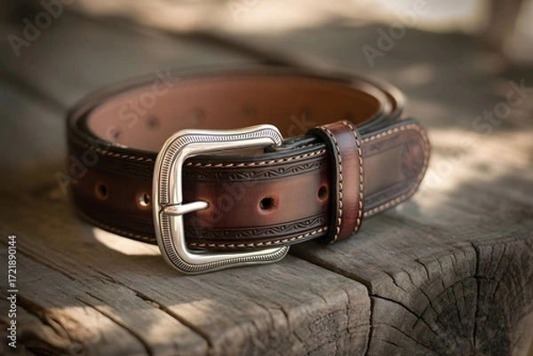 Fototapeta High-resolution photograph of a weathered leather belt, rustic and vintage look, natural textures, worn-out details, isolated on wooden background