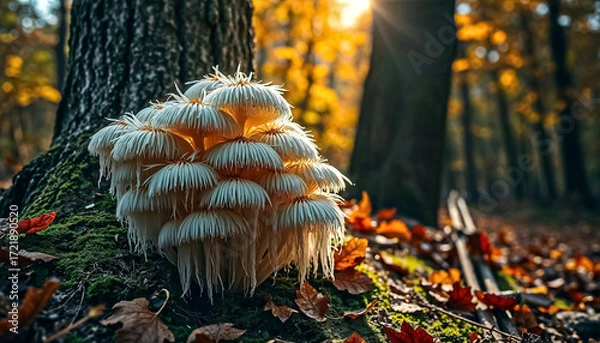 Fototapeta Cluster of White Shelf Mushrooms Growing on Tree Trunk in Golden Autumn Sunlight