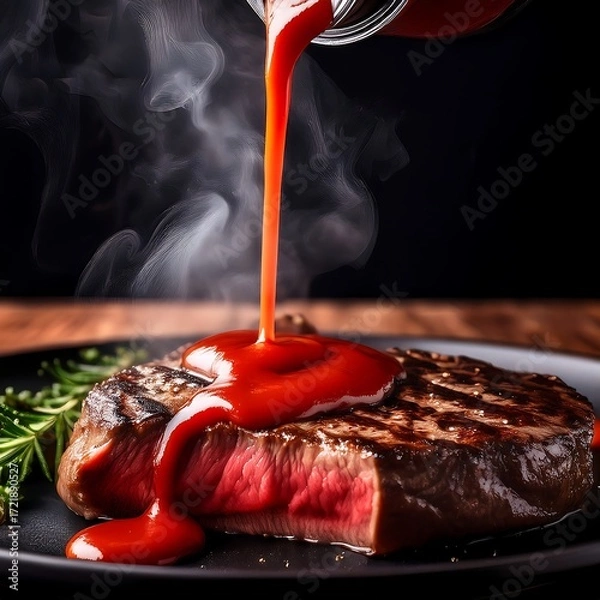Fototapeta A black dish with a grilled beef steak with rising steam.  Over the steak, ketchup is being poured.