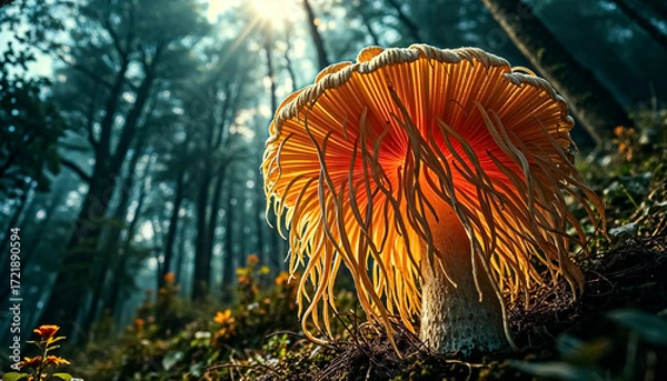 Fototapeta Extreme Close-up of Luminous Orange Mushroom Gills in a Dark Forest with Sun Rays
