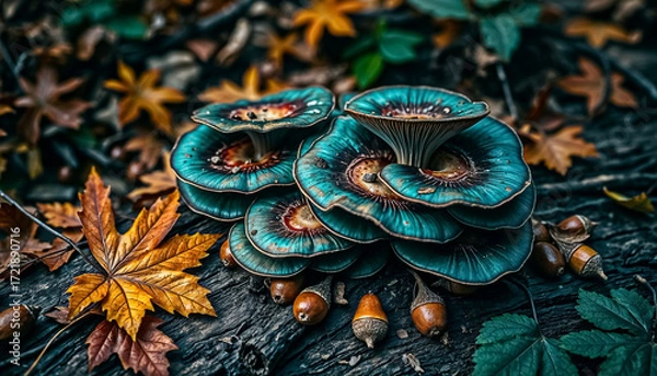 Fototapeta Striking Teal and Turquoise Mushroom Cluster on Forest Floor with Autumn Leaves and Acorns