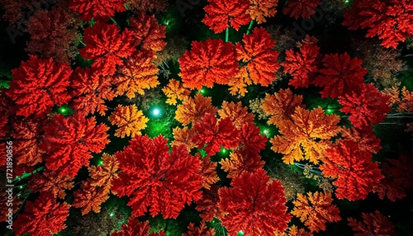 Fototapeta  Dense Cluster of Vivid Red and Orange Abstract Flowers with Dark Foliage, Macro Shot