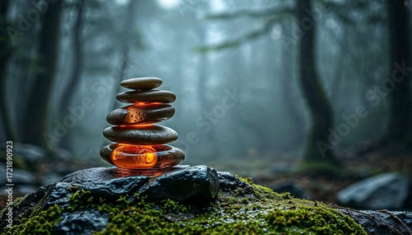 Fototapeta Zen Stone Cairn Balance on Rocks in a Dark, Moody, and Foggy Forest Landscape