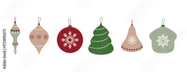 Fototapeta A set of colored Christmas tree toys, isolated on a white background, vector illustration, flat design. A collection of various decorative holiday items for decoration, design, postcards, labels