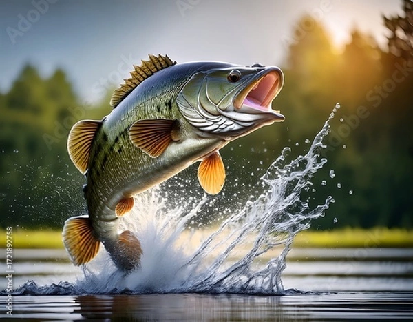 Fototapeta A largemouth bass makes a spectacular splashing sound when it leaps out of the water, blurring the background.