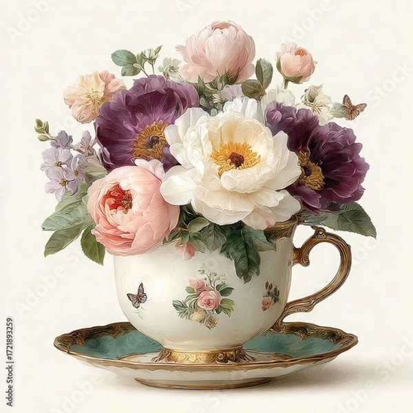 Obraz Stunning, elegant  illustration of an elegant teacup filled with delicate pastel flowers, including roses and peonies