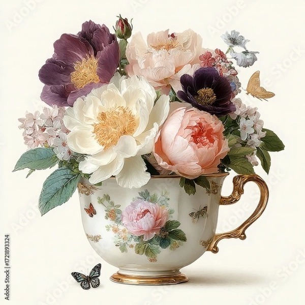 Obraz Stunning, elegant  illustration of an elegant teacup filled with delicate pastel flowers, including roses and peonies