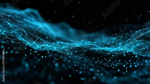 Fototapeta a vibrant abstract network of glowing blue lines and particles flows across a dark, expansive background.