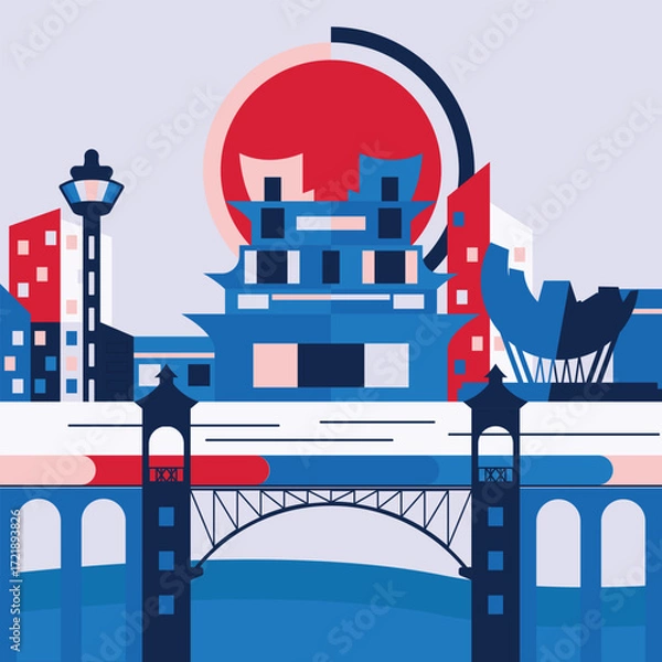 Obraz Modern Flat Design Cityscape with Japanese Temple and Bridge