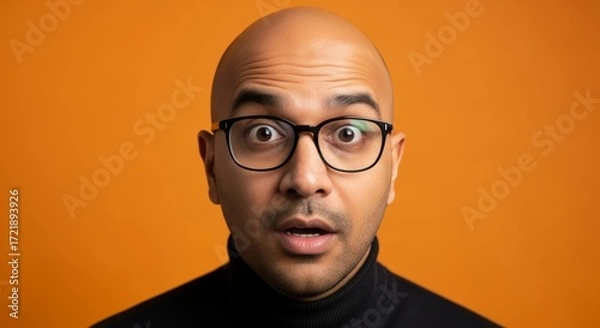 Fototapeta A bald man with glasses and a black turtleneck looks surprised against an orange background wall