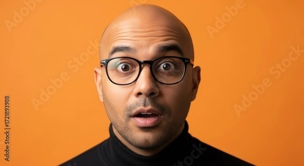 Fototapeta A bald man with glasses and a turtleneck sweater looks surprised against an orange background color