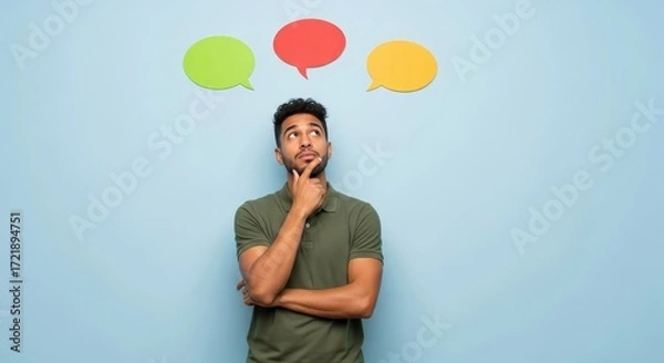 Fototapeta A man in a green shirt is looking up at three colorful speech bubbles on a blue background wall space