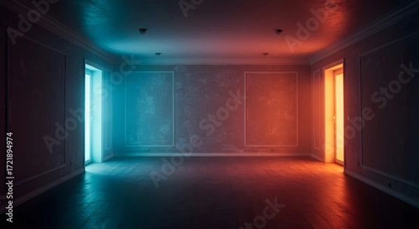 Fototapeta Mysterious Room with Dual-Tone Lighting and Open Doors