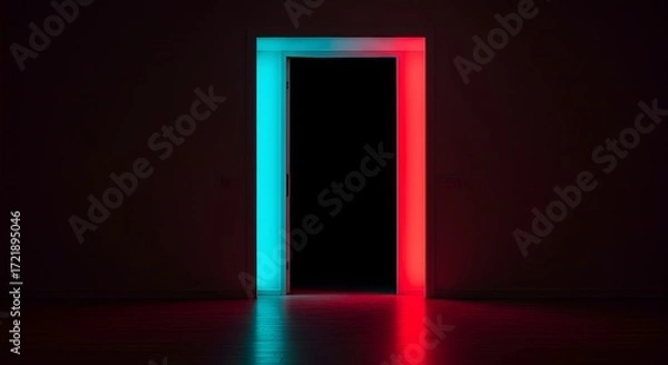 Fototapeta Open Door with Neon Red and Cyan Light, Concept of Opportunity and Mystery