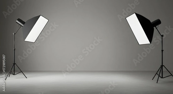 Fototapeta Professional Photography Studio Setup with Softbox Lights and Gray Background