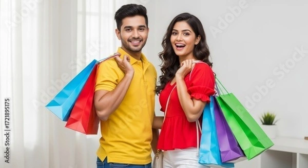 Fototapeta A smiling couple carrying colorful shopping bags on their shoulders in a bright indoor setting