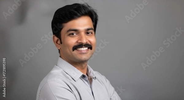 Fototapeta A smiling man with dark hair and a mustache wearing a gray shirt against a gray background space blank