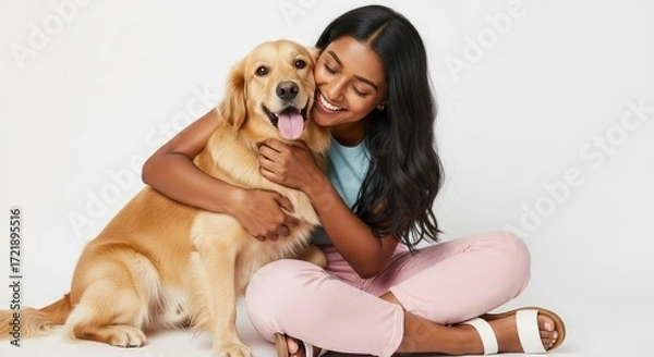 Fototapeta A smiling woman hugging a golden retriever dog while sitting cross legged on a white background space