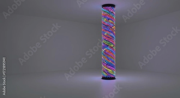 Fototapeta Vibrant Rainbow LED Light Column with Swirling Pattern in Modern Minimalist Room