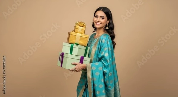 Fototapeta A woman in a sari holding a stack of gift boxes with ribbons and bows on a neutral background