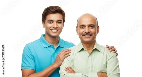 Fototapeta A smiling young man with his hand on his father's shoulder posing against a white background studio shot