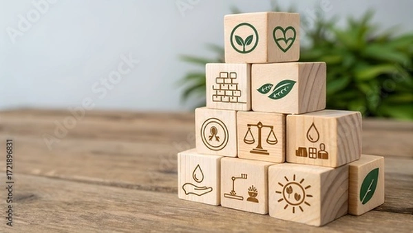Fototapeta wooden tower of blocks each engraved with a welln