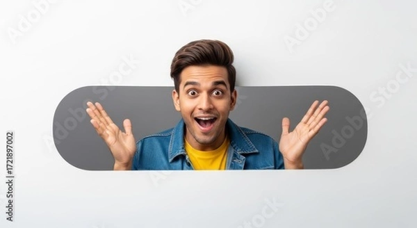 Fototapeta Excited man with open mouth and raised hands in a gray oval cutout against a white background