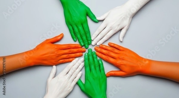 Fototapeta Hands painted in orange green and white forming a circle on a light gray background design concept
