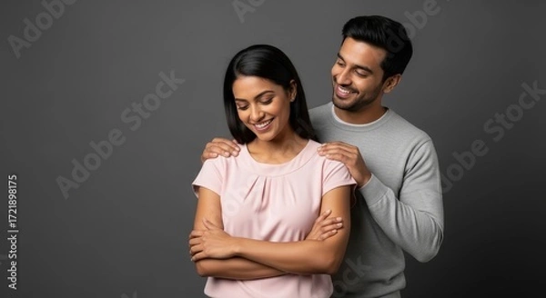 Fototapeta Man placing his hands on a woman's shoulders while she smiles in front of a gray background plane