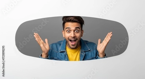 Fototapeta Man with surprised expression wearing denim jacket and yellow shirt peeking through a cutout shape