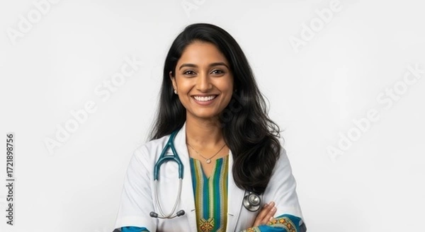 Fototapeta Portrait of a smiling female doctor in a lab coat with stethoscope against a white background