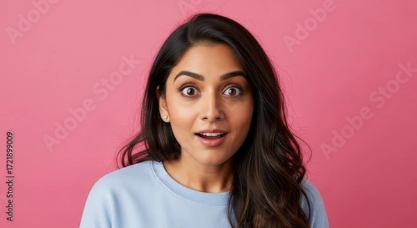 Fototapeta Portrait of a surprised woman with open mouth and wide eyes against a pink background studio shot