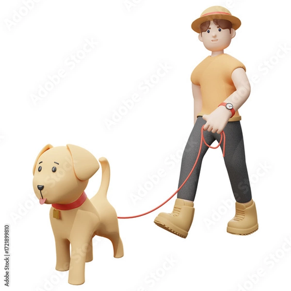 Fototapeta A young man is happily walking his dog, isolated on a white background  - 3D render