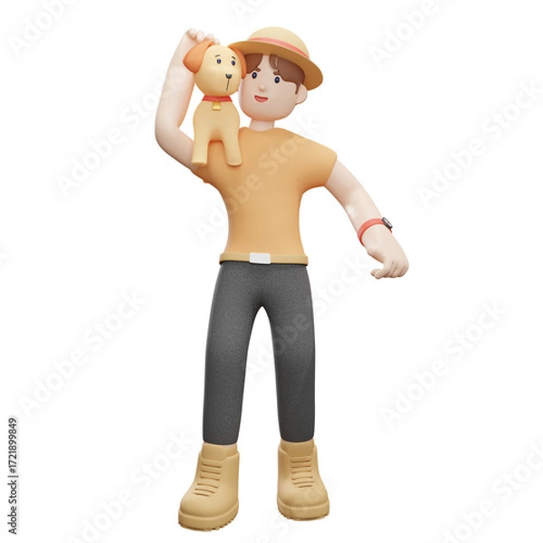 Fototapeta A young man stands and plays with a dog on his shoulder, isolated on a white background - 3D render